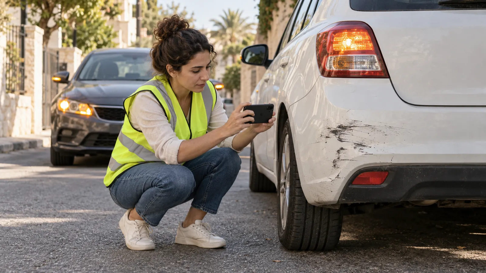 נהגת מצלמת נזק קל בפגוש אחורי ברחוב שקט